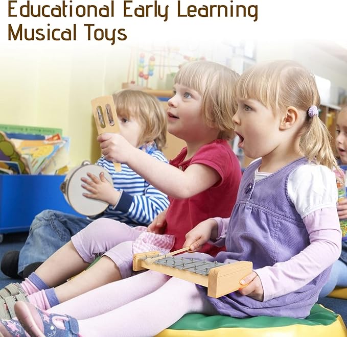 Chriffer Kids Musical Instruments Toys, Percussion Instruments Set with Xylophone, Preschool Educational Music Toys for Boys Girls, Natural Eco-Friendly Wooden Music Set (8)