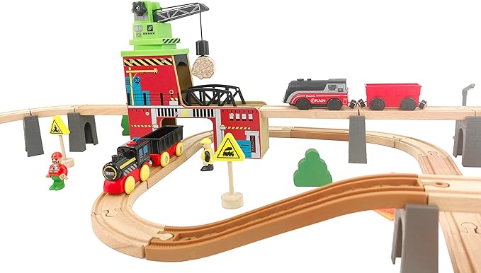 Toy Train Accessory with Track for Kids Age 3 and Up, Wooden Train Track Accessories Crane Bridge Compatible with Thomas, Brio, Chuggington, Melissa and Doug and All Major Brand Railway Track