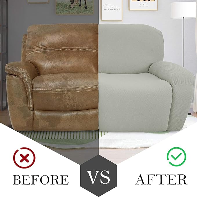 JIVINER 6-Piece Loveseat Recliner Slipcover Stretch Jacquard Recliner Sofa Cover 2 Seater Washable Reclining Couch Cover with Pocket Fitted Furniture Protector Cover (Loveseat Recliner, Ivory)