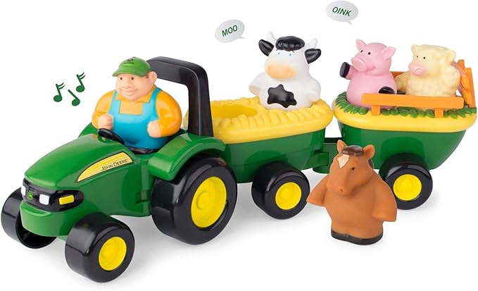 TOMY John Deere Animal Sounds Hayride Musical Tractor Toy - Musical Hayride Toddler Toys - Includes Farmer Figure, Tractor, and 4 Farm Animals - Toddler Music Toys - Ages 12 Months and Up