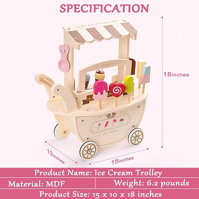 ROBOTIME Wooden Ice Cream Cart Play Set for Kids Toddlers, Pretend Play Kitchen Food Toy Gift for Ages 3+