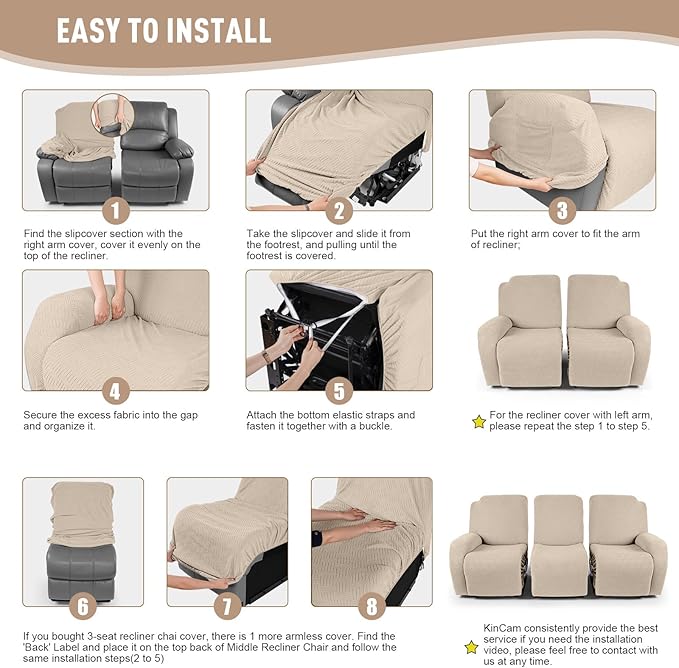KinCam Recliner Covers, Stretch Reclining Chair Covers, Recliner Sofa Slipcovers Stripe Jacquard Recliner Couch Covers Furniture Protector Covers for Pet Kid (3 Seater, Vanilla)