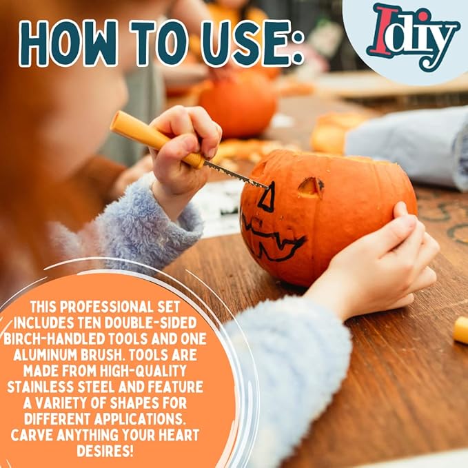 Pumpkin Carving Kit (21 Tool Set) w 11 Double Sided Pieces - Halloween Professional Sculpting, Cutting and Carving Knife Supplies for Fall Jack-O-Lanterns, Pumpkins, Decorations for Kids and Adults