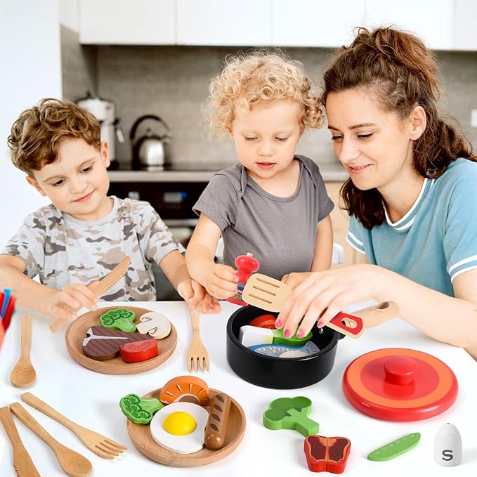 Atoylink Wooden Kids Kitchen Playset 44 Pcs Play Kitchen Accessories with Cookware, Pot, Vegetable, Fish, Play Food Set, Toddler Kitchen Toys Pretend Play Toy Gift for Kids Boys Girls Aged 3+