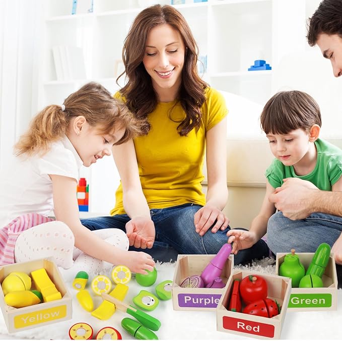 MerryPony 30 Pcs Wooden Play Food Sets for Kids Kitchen Accessories, Velcro Fruit and Veggies for Toddlers, Velcro Fruit Cutting Toys for Kids, Color Sorting Play Food Set, Play Food for Toddlers 1-3