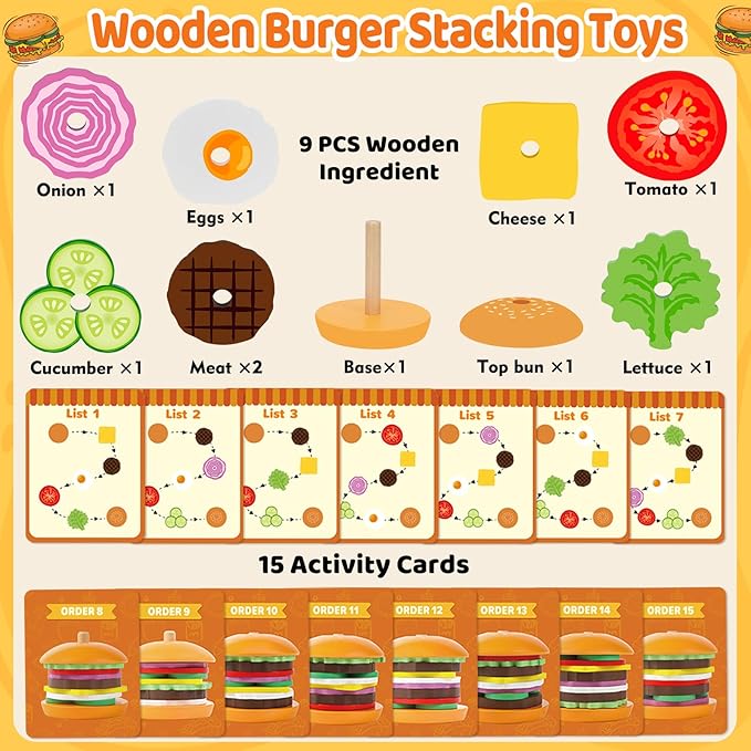 Jumlys Montessori Toys for 2, 3, 4, 5, Year Old, Wooden Burger Stacking Toys, Fine Motor Toys for Kids Boys Girls, Ideal Preschool Educational and Learning Toys, Perfect Christmas Birthday Gifts