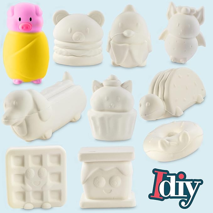 Jumbo Food Animal Squishies (10 Shapes w 12 Fabric Paints) -White Kawaii Scented Slow Rising Squishy Toys, Decorating, Scented Stress Relief Craft, Kids School, Birthday Party Activity Gift(4"-6")