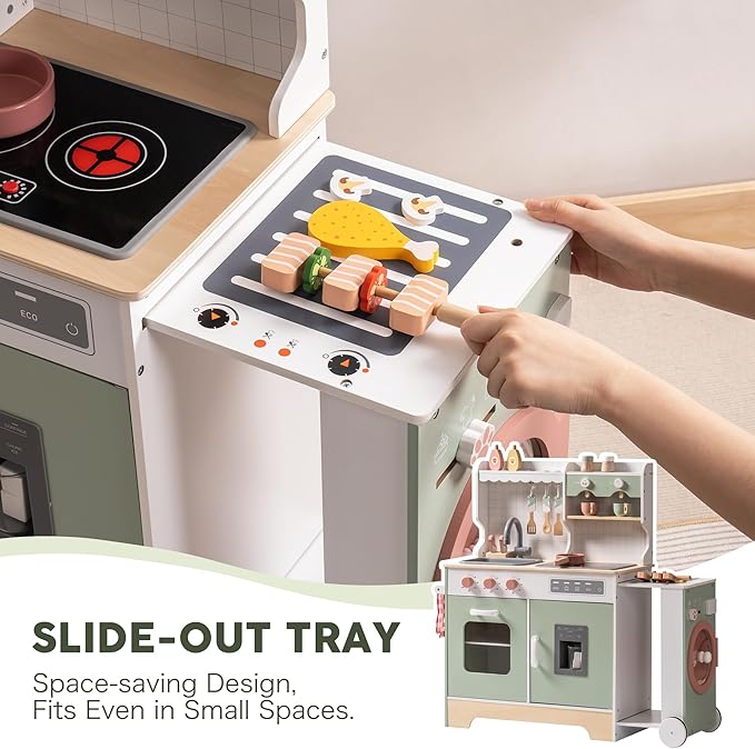 ROBOTIME Wooden Play Kitchen, Wood Kids Play Kitchen with Ice Maker and BBQ, Kids Play Kitchen Pretend Play Set with Lights & Sounds for Ages 3+, Gift for Boys and Girls