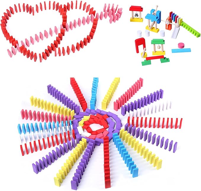 Joqutoys 600 PCS Dominoes Set for Kids, Wooden Domino Building Blocks, 6 Colors Bulk Dominoes Racing Tiles Games with Extra 26 Add-on Blocks and Storage Bag, Educational Toys for Kids Birthday Party