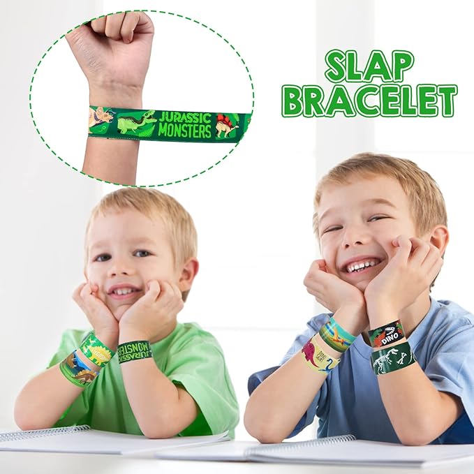 Tacobear 48Pcs Dinosaur Slap Bracelets Rubber Wristbands for Kids Boys Girls Birthday Party Favors Supplies Classroom Prize Gifts Dinosaur Goodie Bag Fillers