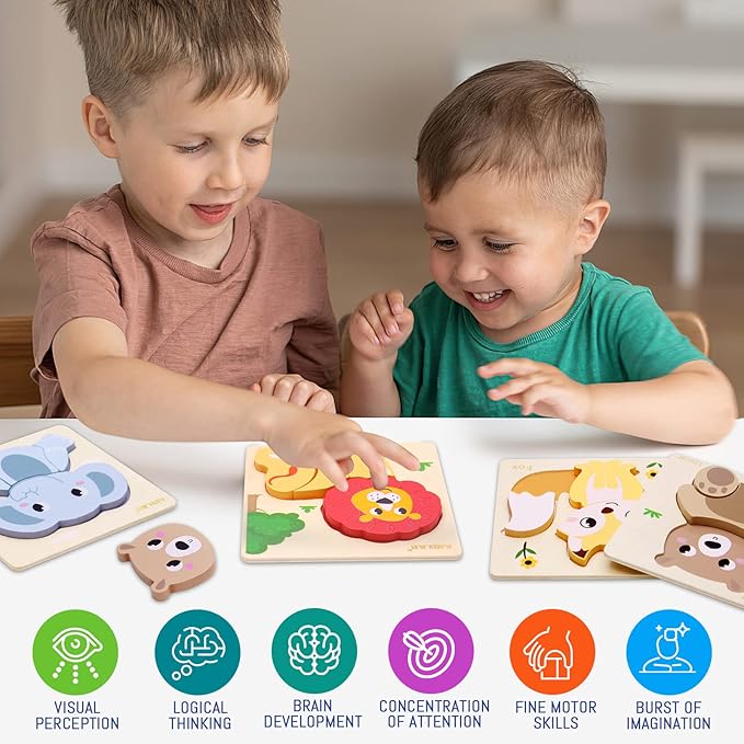 Wooden Puzzles for Toddlers 1 2 3 Year Old Animals Shape Puzzle Toys for Travel Airplane Gift for Kids Montessori Early Development Gifts for Baby Boys Girls with Drawstring Bag Pack of 4