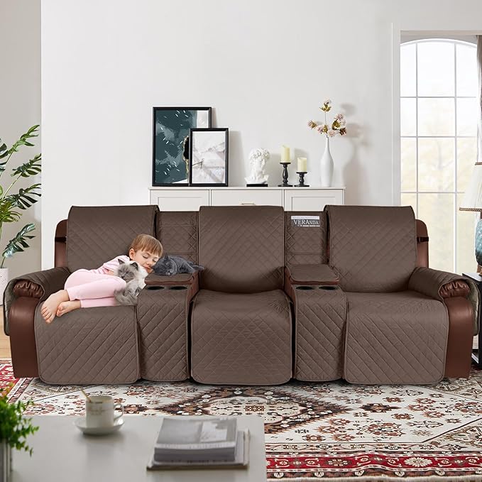 KinCam100% Waterproof Recliner Sofa Cover with Console, Non-Slip Recliner Couch Covers for 3 Seat, Reclining Sofa Cover Furniture Protector with Elastic Straps for Kids, Pets, Brown