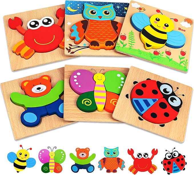 Dreampark Wooden Puzzles for Toddlers Ages 1-3, Montessori Toys for 1 2 3 Years Old Girls Boys Baby Kids Puzzle Learning Educational Christmas Birthday Gifts Toys 6 Pack Animal Jigsaw Puzzle