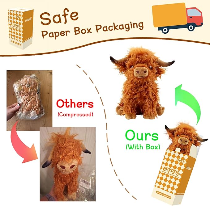 10.5 inches Highland Cows Stuffed Animals, Cute Fluffy Cow Plush Figure Toys Realistic Highland Cattle Plush Decor for Kids Baby Girls Boys