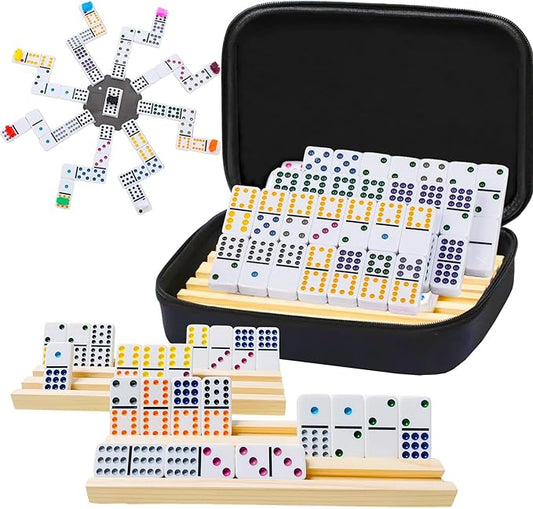 4 Players Games, Mexican Train Dominoes Set with 4 Wooden Racks, 91 Tiles, Portable Case, Double 12 Dominos Set for Adults, Board Game for Adults, Easter Basket Stuffers, Easter Gifts for Men Women