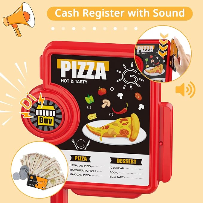 deAO Pretend Play Store Pizza Play Set for Kids, Realistic Pizza Pie Pretend Play Food,Slice and Serve Plastic Kitchen Cooking and Cutting Playset (Red)