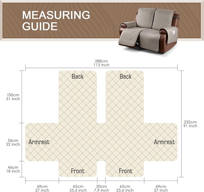 KinCam Waterproof Loveseat Recliner Cover, Non-Slip Reclining Couch Covers for 2 Seat, Recliner Sofa Cover Furniture Protector with Elastic Straps for Kids, Pets, Khaki