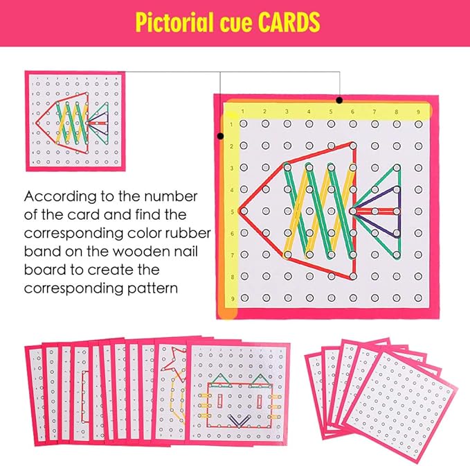Skrtuan Wooden Geoboard with Rubber Bands, Montessori Educational Toy for Kids, Pattern Block Geo Board with Pattern Cards and Rubber Bands Create to Figures Shape STEM Puzzle Matrix Brain Teaser
