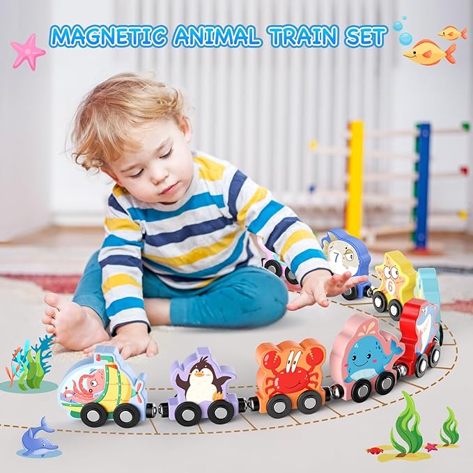 Toys for Toddlers, 11 Magnetic Wooden Sea Animals Train Set, Montessori Toys for Toddlers, Educational Toys for Kids, Birthday Gifts for Boys, Girls