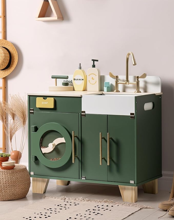 ROBUD Kids Play Kitchen - Wooden Multi-Function Washing Machine for Kids Kitchen Playset - Pretend Toddlers' Kitchen Toy Washer with Accessories - Perfect Baby Gift for Ages 3-8