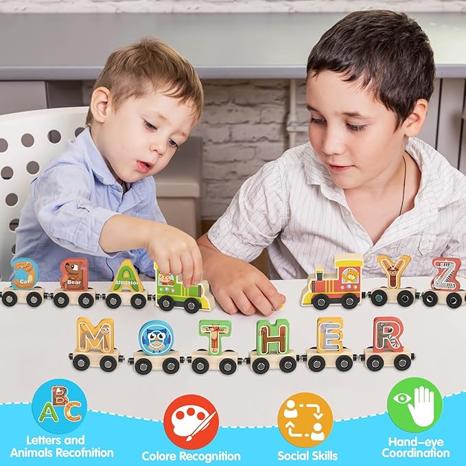 Wooden Alphabet Train Toys Spelling Tool Preschool Toddlers Montessori Educational Game Letter Car Magnetic for Kids Boys Girls 2 3 4 5 Years