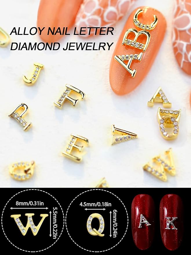 52Pcs Rhinetone Letters Nail Studs, Kalolary Gold Silver 3D Capital Rhinetone Nail Letter English Alphabet Stud Charm DIY Manicure Nails Jewelry Making Crafts Decoration for Women Girls