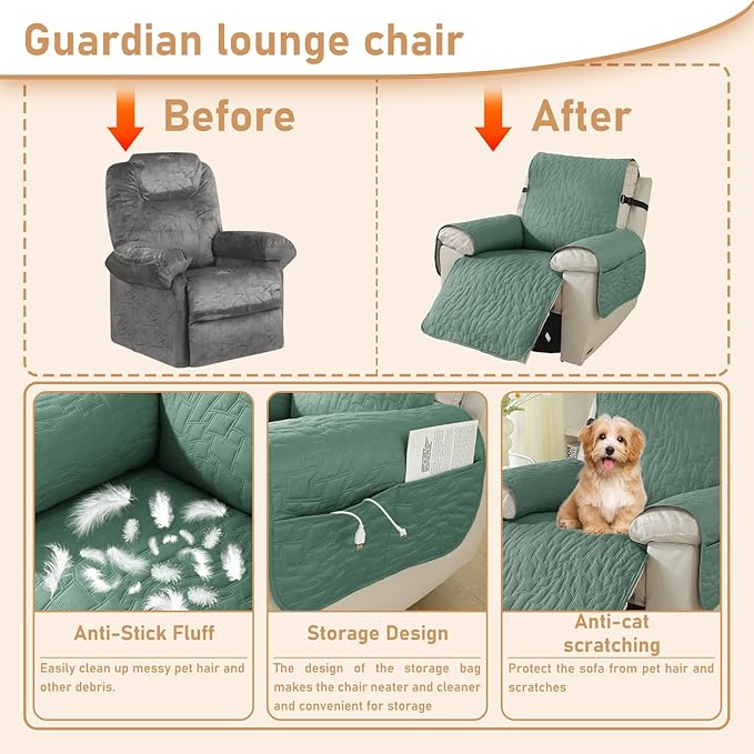 100% Waterproof Recliner Chair Covers for Reclining Chair, Small Recliner Covers That Stay in Place, Non-Slip Recliner Armchair Cover with Pockets for Kids, Pets, Dogs, Cat, Washable,Green,28I