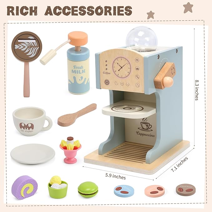 Kids Coffee Playset Kitchen Toys,Wooden Coffee Maker Toy Set with Play Kitchen Accessories, Pretend Play Coffee Set for Kids Girls Boys