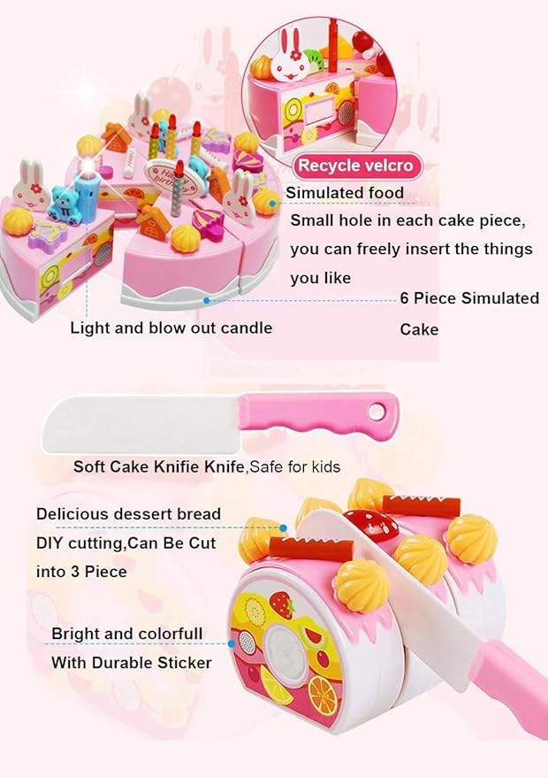 DIY Cutting Birthday Cake Toys, Play Kitchen Food Kids Pretend Play,Light and Music Birthday Cake Toy Kids Girls Gift with Blowable Candle (83PCS with Light,Pink)