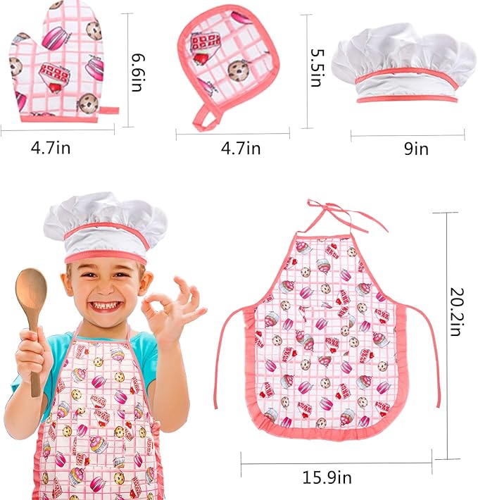 Real Kids Cooking and Baking Set - 24 Pcs Kids Chef Role Play Costume Set Includes Cake Apron, Chef Hat, Cooking Mitt, Utensils, Cupcake Molds for Toddler Boys and Girls Ages 3+