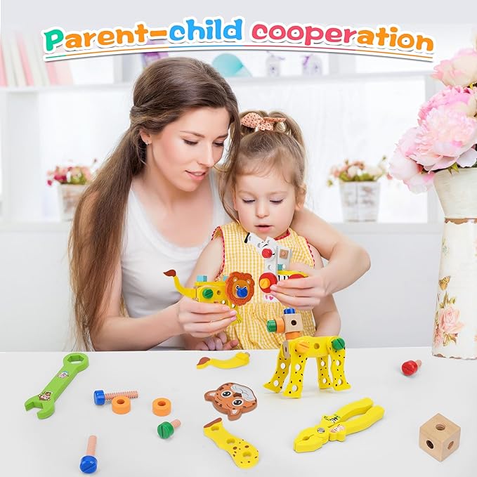 Wooden Animal Tool Box for Kids, Contains Stickers, Screws, Assembly Tools, Animal Building Blocks, Children's Montessori Building Block Assembly Toy, Ideal Gift for Boys and Girls 3,4,5,6