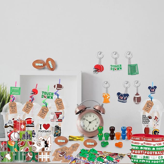 Football Party Favors 170 Pcs Football Birthday Party Decoration With Cups Straws Slap Bracelets Whistles Stress Balls Wristbands Keychains Stamps Stickers Thank you Tags(Football)