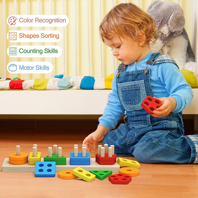 PEBIRA Montessori Toys for 1 to 3-Year-Old Boys Girls Toddlers, Wooden Sorting & Stacking Toys for Toddlers and Kids Preschool, Educational Toys, Color Recognition Shape Sorter, Learning Puzzles Gift