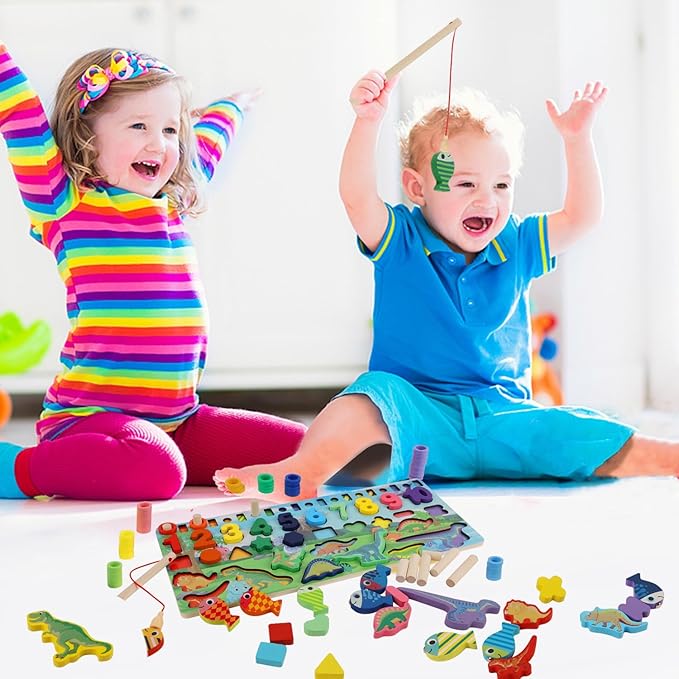 Glintoper Christmas Wooden Gift for Toddlers, Number Puzzle & Sorting and Stacking Toys Set for Kids 2 3 4 5, Montessori Magnetic Fishing Game, Shape Sorter Color Stacker Preschool Activities Gifts