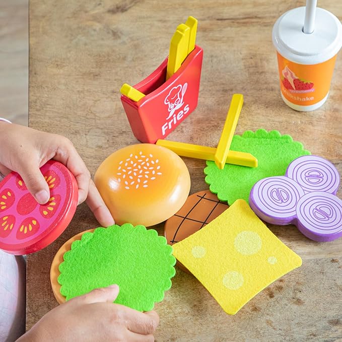 New Classic Toys Wooden Pretend Play Toy for Kids Fast Food Set Cooking Simulation Educational Toys and Color Perception Toy for Preschool Age Toddlers Boys Girls,Multi-Colour Colour
