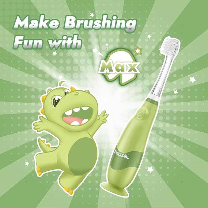 Papablic Toddler Sonic Electric Toothbrush for Ages 1-3 Years, Baby Electric Toothbrush with Cute Dino Cover and Smart LED Timer, 4 Brush Heads (Max)