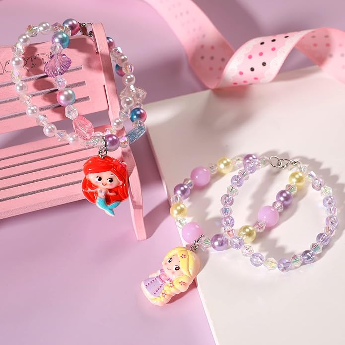6 Sets Princess Beaded Bracelets for Girls, Princess Bracelets Dress Up Pretend Play Jewelry Set Party Favors Gift for Girls Kids