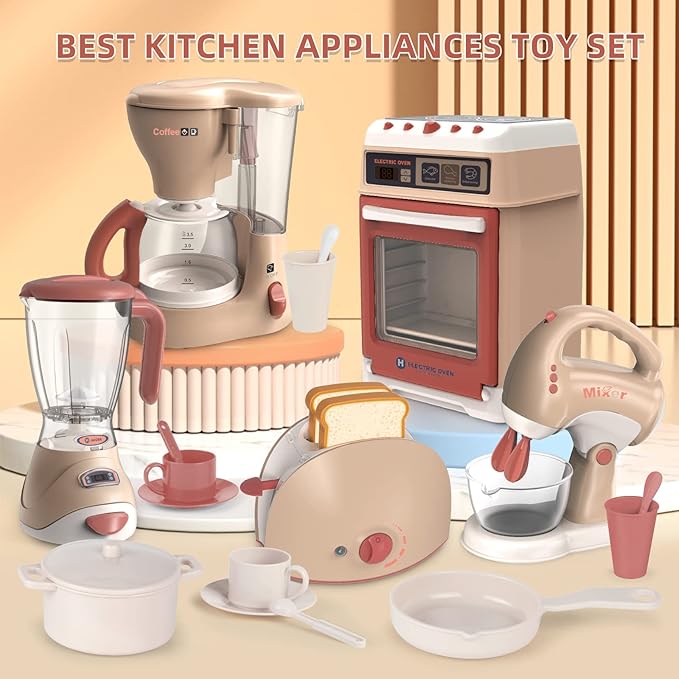 Play Kitchen Toys for 3 4 5 6 7 8 Year Old, Pretend Play Kitchen Appliances Toy Set with Blender, Coffee Maker, Mixer and Toaster,Christmas & Birthday Gifts for Kids Age 3-5 4-6 6-8 Girls