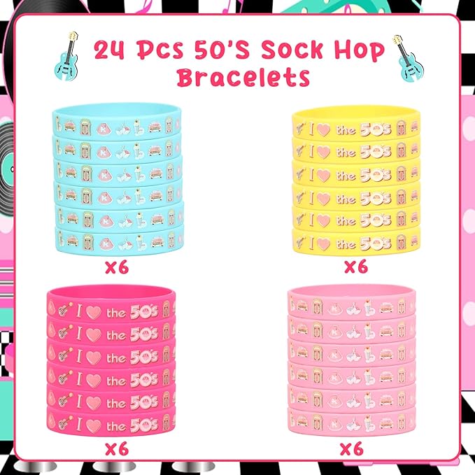 Serencatcher 50’s Sock Hop Party Bracelets, 1950s Party Decorations with 24pcs Rock and Roll Party Favors Silicone Bracelets Wristbands for Retro Rock N Roll Music Disco Dancing Birthday Party