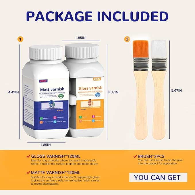 240ml Air Dry Clay Glaze, Clay Paint for Pottery Air Dry, Clay Paint High Gloss, Anti-Scratch, Waterproof, Clay Glaze Set with 120ml Matte Varnish and 120ml Gloss Varnish, 2 Brushes.