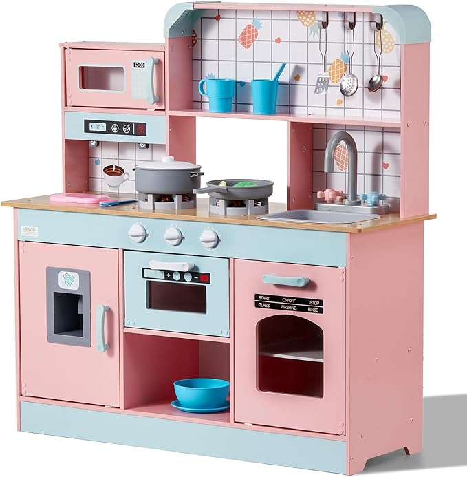 VEVOR Wooden Play Kitchen Toy, Play Kitchen for Kids with Lights and Sounds, Toddler Kitchen with Ice Maker, Oven, Sink, Microwaves, Fridge and Utensil and Fruit Accessory for Toddlers Ages 3-8, Pink
