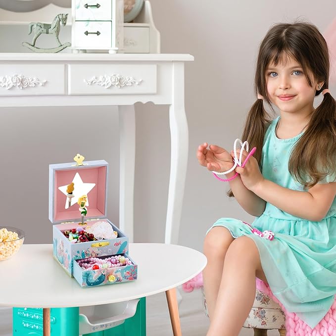 RR ROUND RICH DESIGN Kids Musical Jewelry Box for Girls Include Drawer and Pretty Jewelry Set with Cute Mermaid Theme - Beautiful Dream Tune Blue
