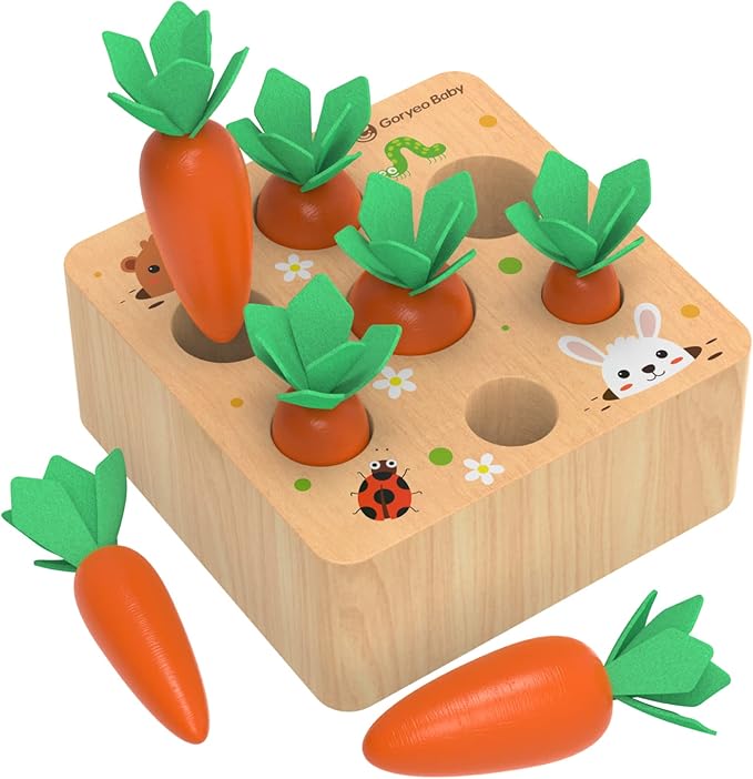 KMTJT Montessori Toys for Babies 6-12 Months, Carrot Harvest Game Wooden Toy for 1 2 3 Year Old Baby Boys and Girls, Educational Learning Shape Sorting Matching Gifts