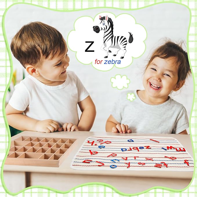 Montessori Letters Movable Wood Alphabet with Box and Large Mat Small Wooden Alphabet Letters Montessori Trays Preschool Spelling Learning Language Materials Objects, Red, Blue