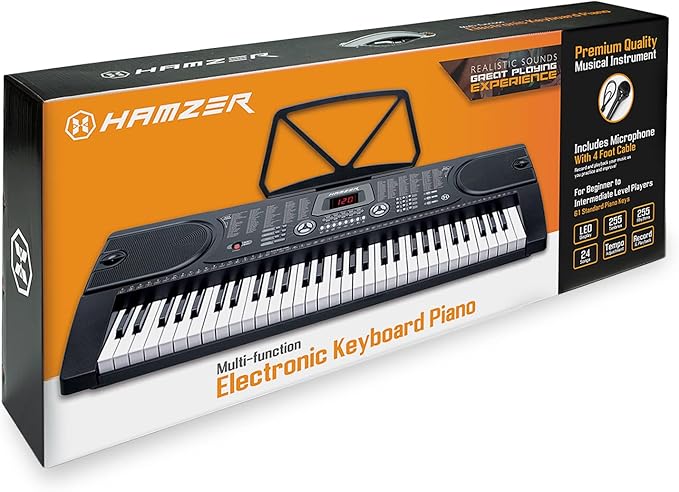 Hamzer 61 Key Digital Keyboard Piano with Stand & Bench, Beginner Electric Piano Keyboard Kit with Speakers, Headphones, Microphone, Keynote Stickers