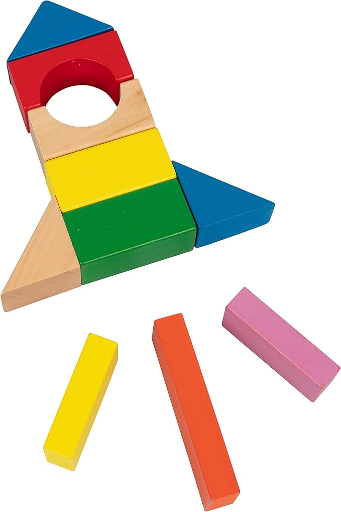 Wooden Blocks - 100 Pc Wood Building Block Set with Carrying Bag (Rainbow Colored)- 100% Real Wood in 7 Colors and 14 Shapes - Stack, Build and Store- Fun Gift, Back to School Project