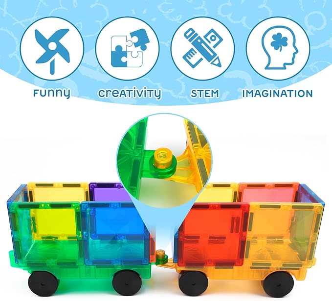 Magnetic Tiles Cars Construction Set - 4 PCS Magnetic Tiles Magnet Bricks Truck Sensory Toys, Educational Magnetic Cars Set Magnet Building Blocks for 3 4 5 6 7 8+ Year Old Girls Boys