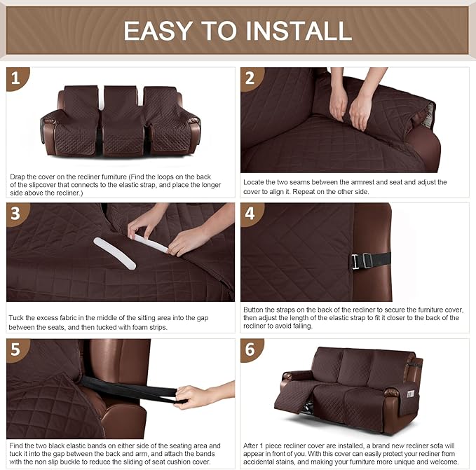 KinCam Waterproof Recliner Sofa Cover, Non-Slip Reclining Couch Covers for 3 Seat, Recliner Couch Cover Furniture Protector with Elastic Straps for Pets, Kids, Coffee