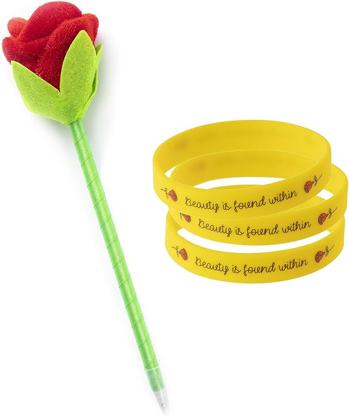 Rose Beauty Wristband Party Favors, 24 Pack Silicone Bands Beauty and the Beast Theme Bracelets for Girl Power Teens Tween Birthday Supplies Celebration Positive Message - Silicone Bracelets for Girls