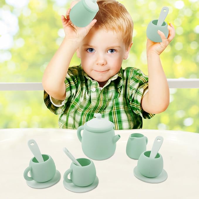 MCGMITT Silicone Tea Set, Tea Party Set for Little Girls Boys, 15 Pcs BPA Free Dishwasher Safe Pretend Tea Set for Toddlers Kids Age 3-6, Cute Toy Kitchen Accessories for Children Birthday Gifts